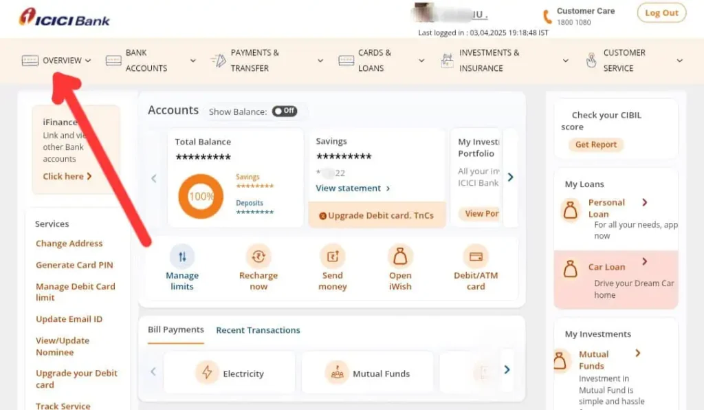 Bank Me Pan Card Link कैसे करें 2025 जानें 4 आसान तरीके 3 ICICI bank net banking dashboard