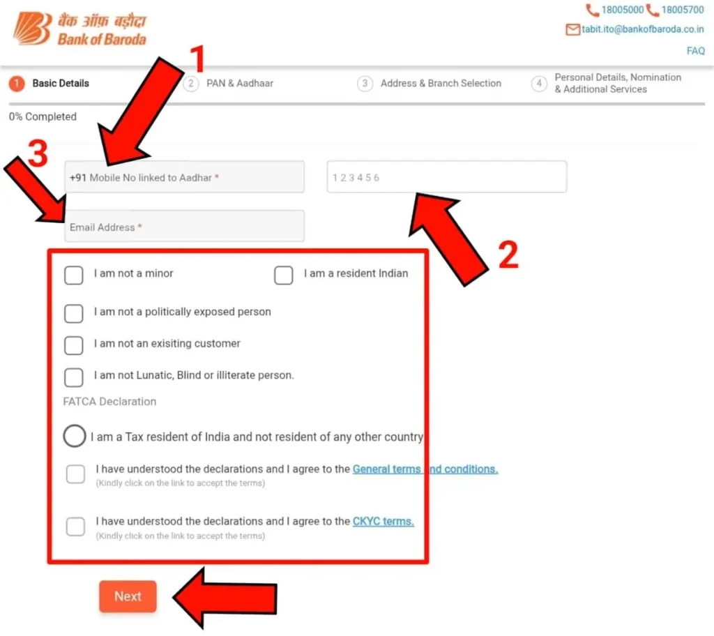 Screenshot Online Bank of Baroda Account Opening Process
