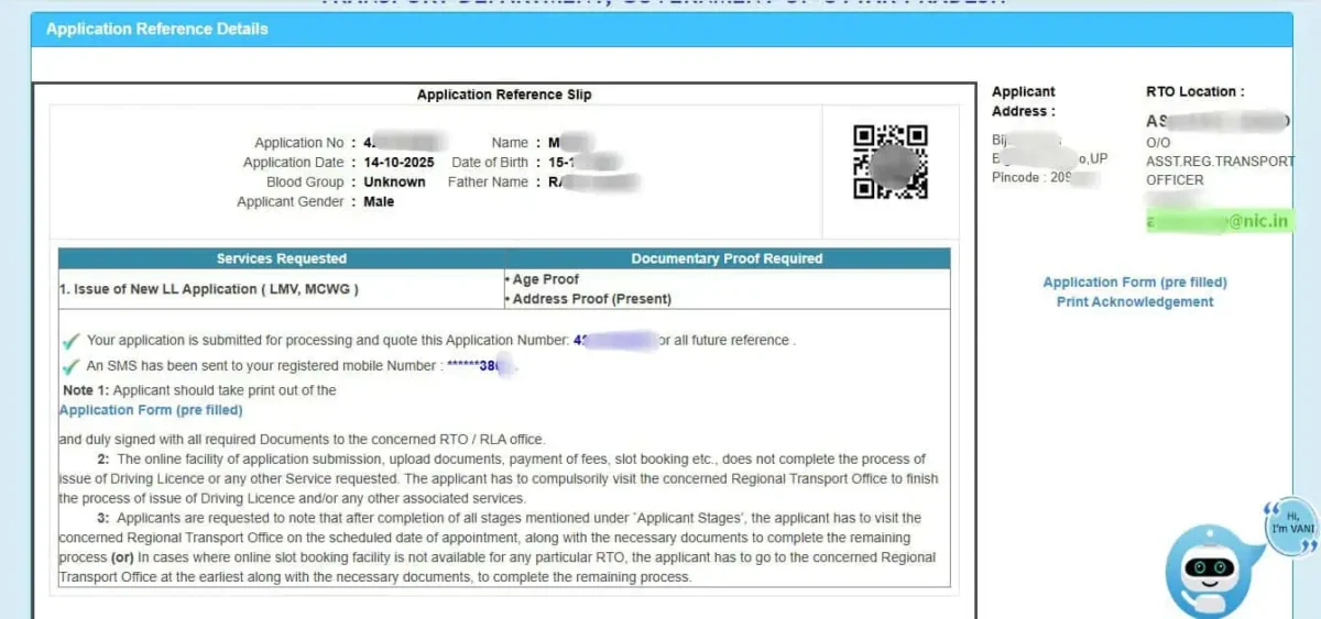 Learning Licence Application Number