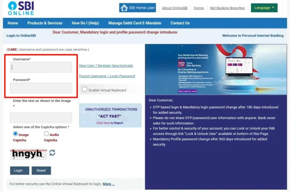onlinesbi वेबसाइट पर एसबीआई नेट बैंकिंग लॉगिन पेज