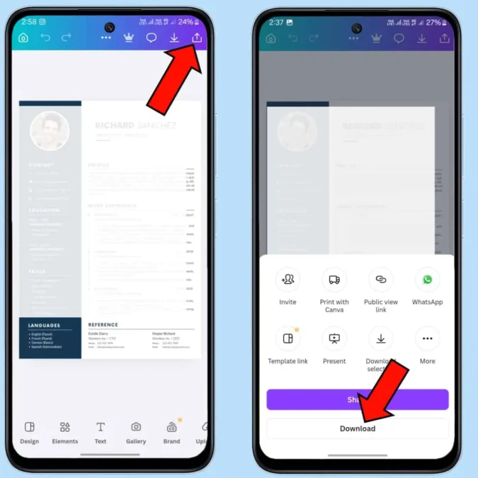 Canva app me resume template edit karne ke baad resume download karne ka process screenshot
