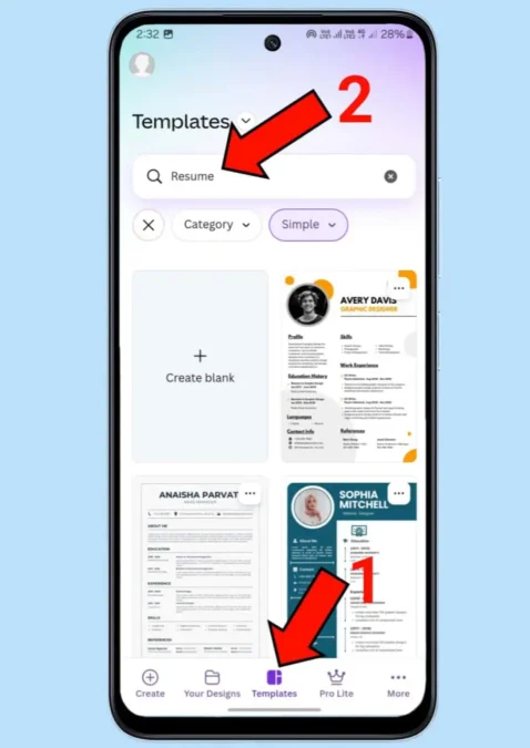 Canva app me resume template select karne ka screenshot